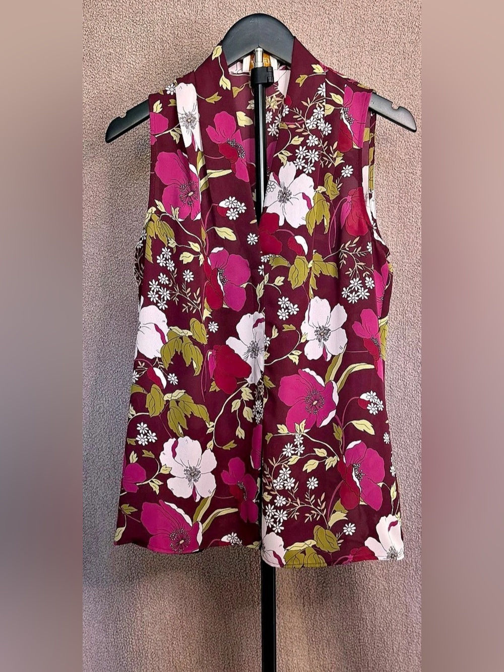 Laundry by Shelli Segal XS Burgundy Floral Sleeveless Draped Blouse Top